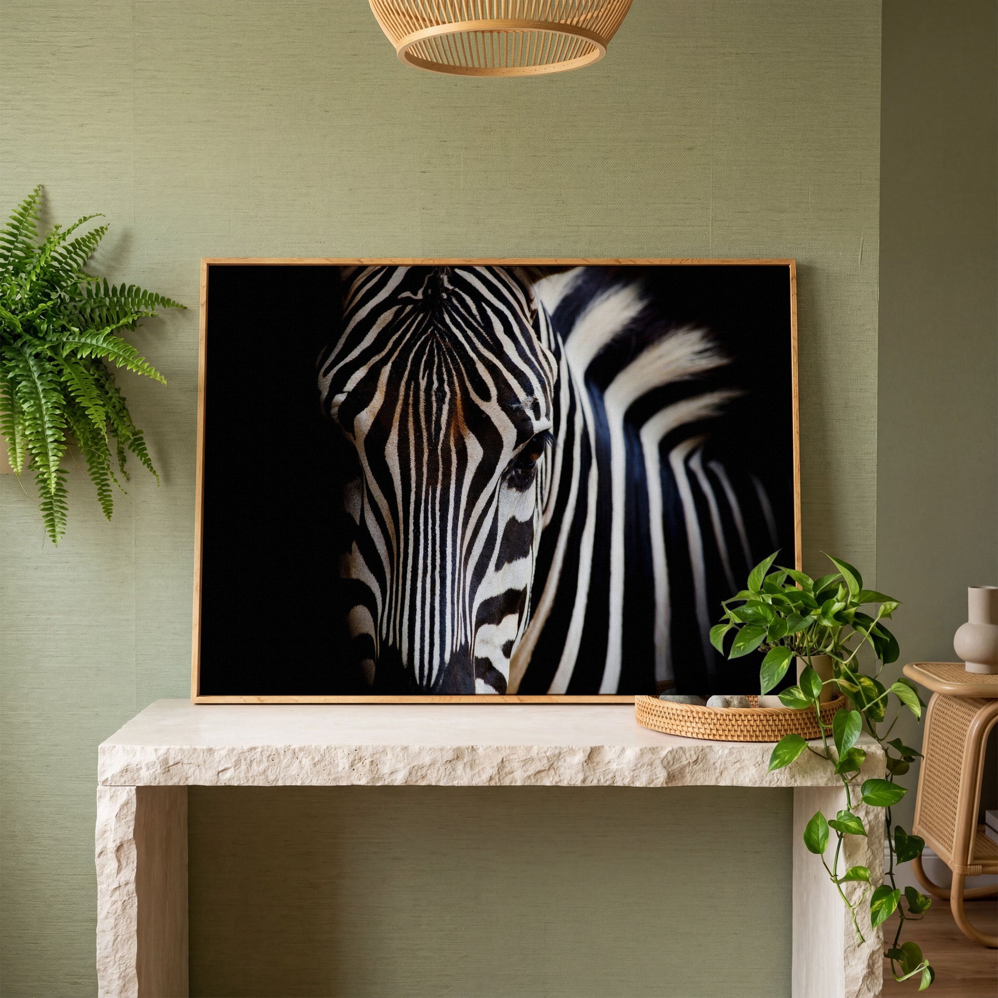 Black and White Zebra Portrait Canvas in white oak floating frame