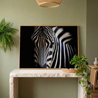 Black and White Zebra Portrait Canvas in white oak floating frame