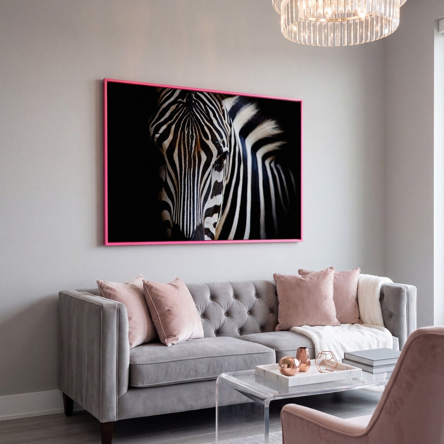 Black and White Zebra Portrait Canvas in pink floating frame