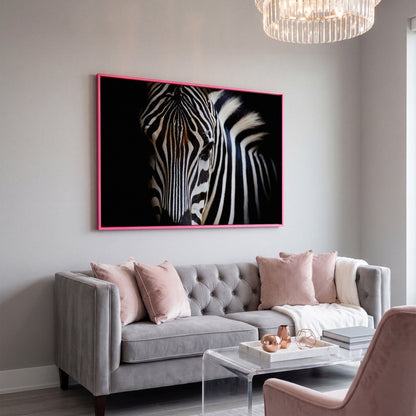 Black and White Zebra Portrait Canvas in pink floating frame