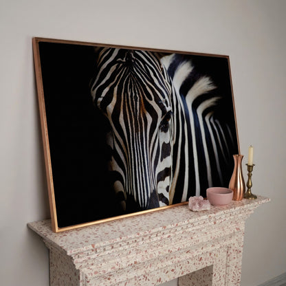 Black and White Zebra Portrait Canvas in rose gold floating frame