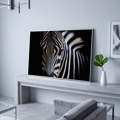 Black and White Zebra Portrait Canvas in silver floating frame