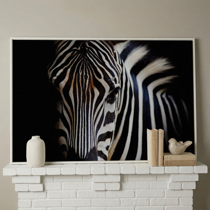 Black and White Zebra Portrait Canvas in white floating frame