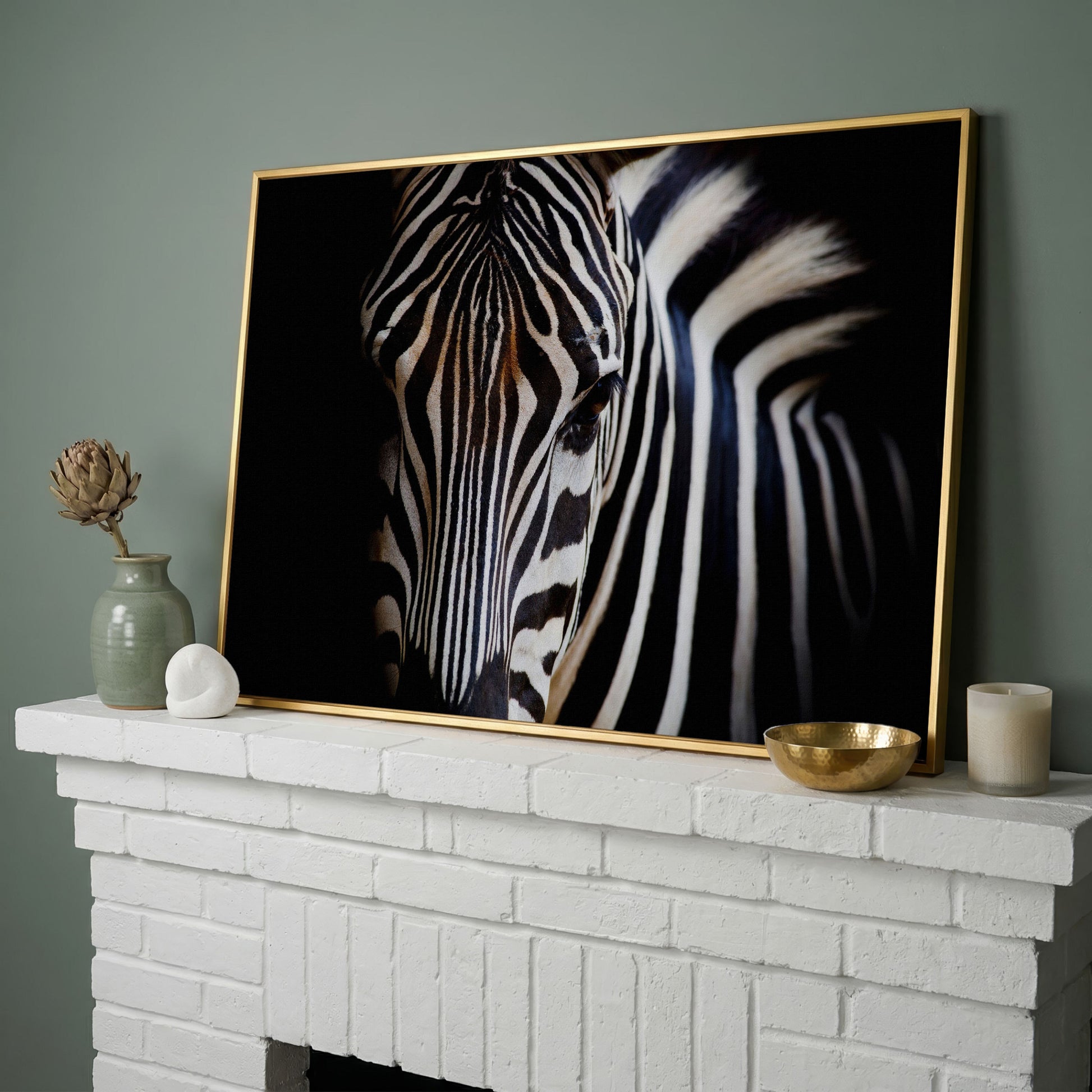 Black and White Zebra Portrait Canvas in yellow gold floating frame