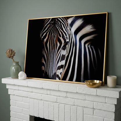 Black and White Zebra Portrait Canvas in yellow gold floating frame