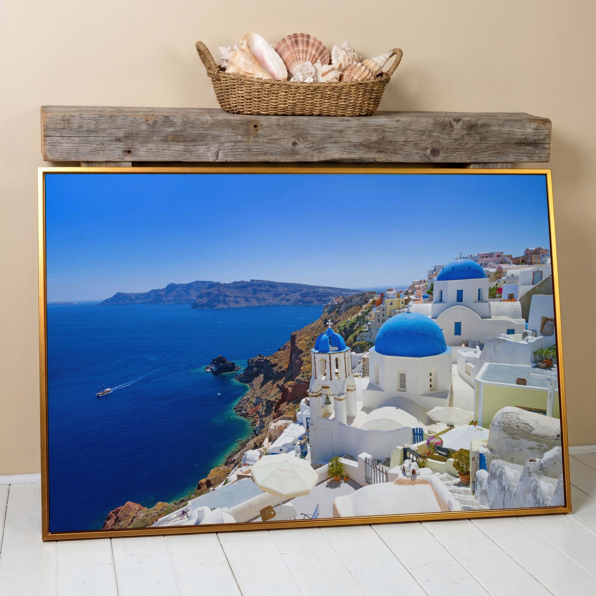 Santorini Island Canvas Print with Blue Domes in antique gold floating frame