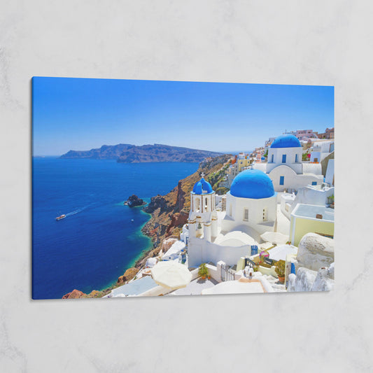 Santorini Island Canvas Print with Blue Domes on gallery wrap