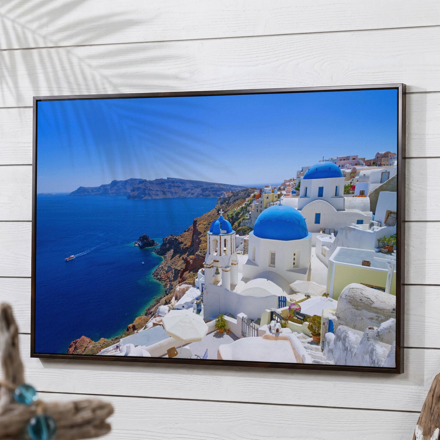 Santorini Island Canvas Print with Blue Domes in dark walnut floating frame
