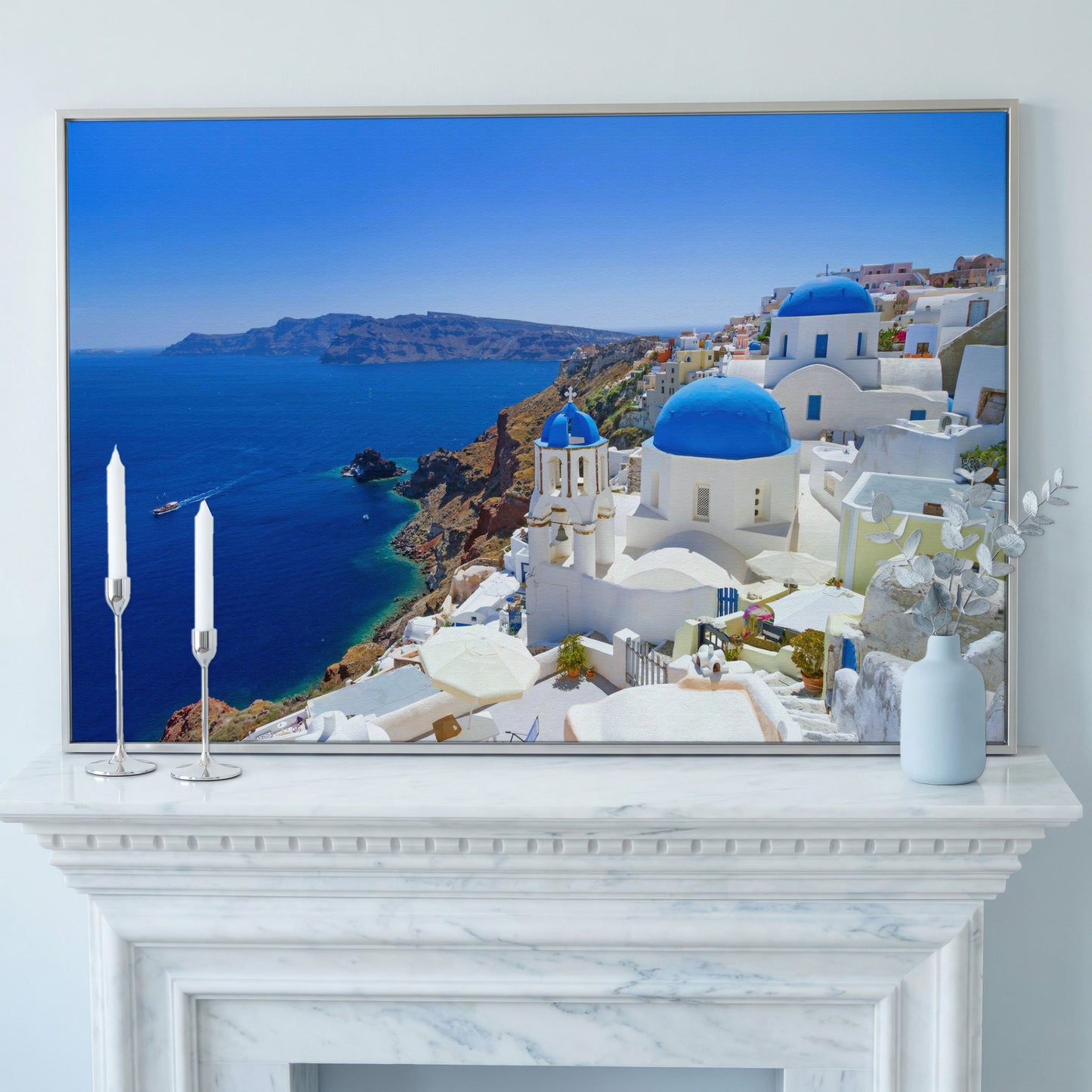 Santorini Island Canvas Print with Blue Domes in silver floating frame