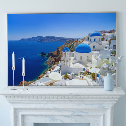 Santorini Island Canvas Print with Blue Domes in silver floating frame