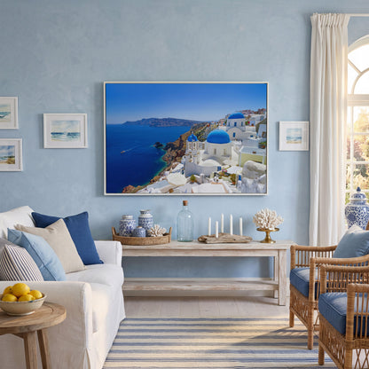 Santorini Island Canvas Print with Blue Domes in white floating frame