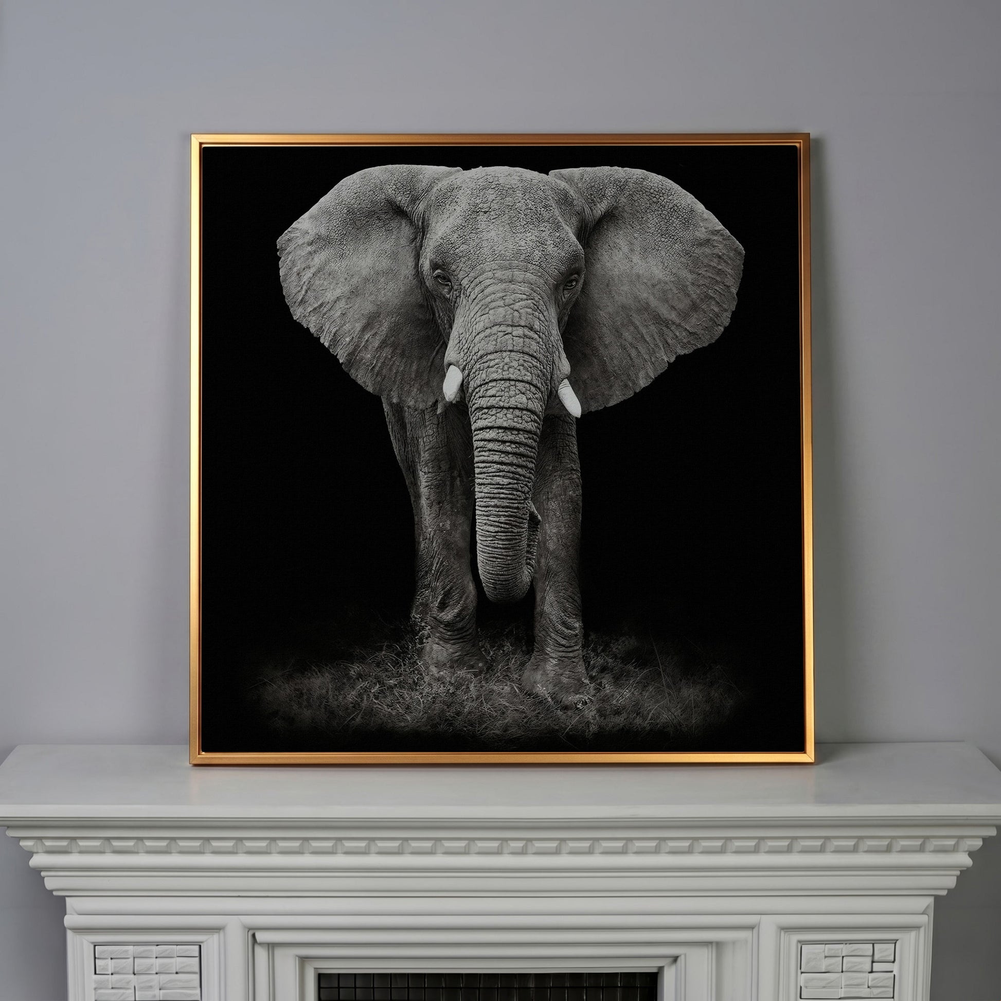African Elephant Canvas Print, Black and White in antique gold floating frame