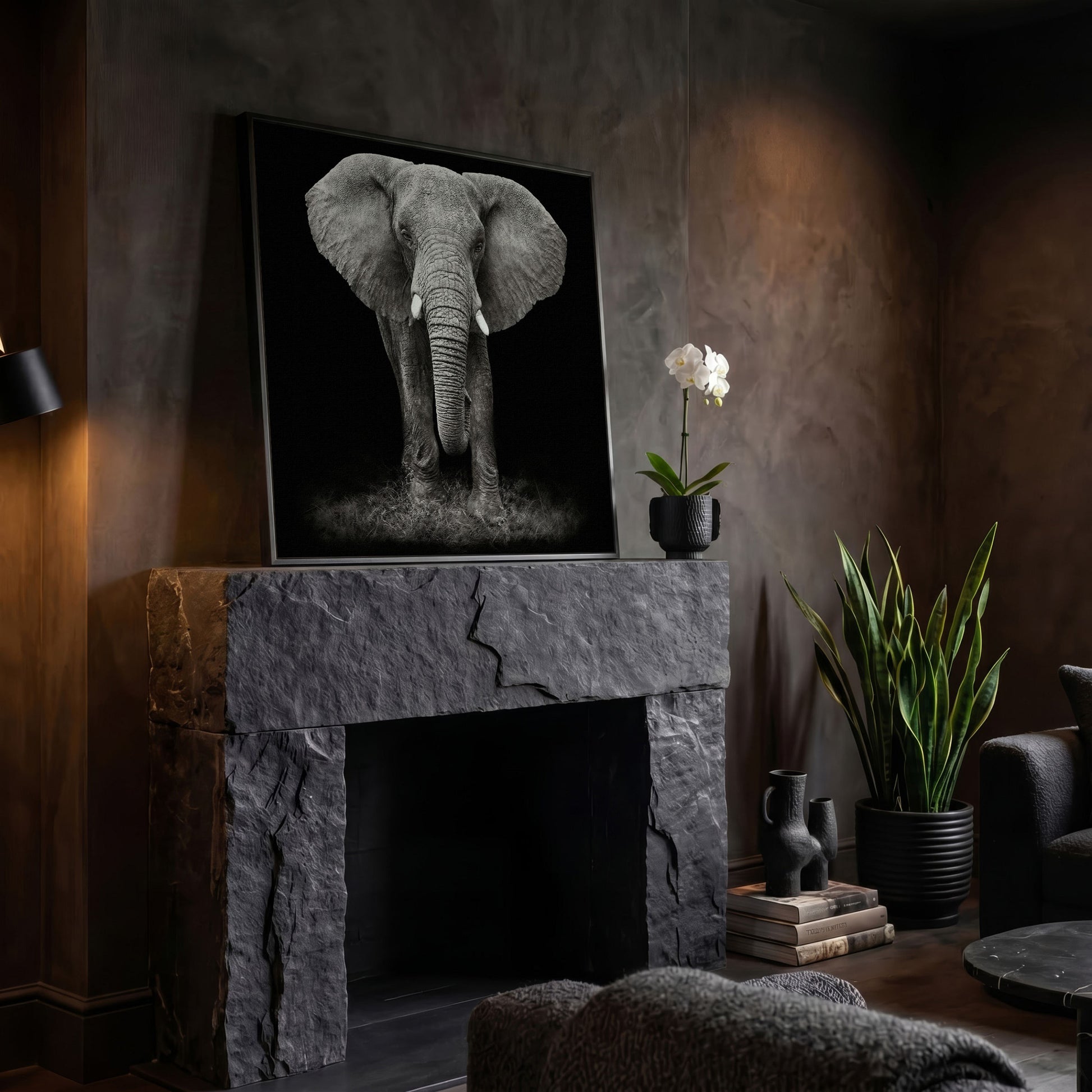 African Elephant Canvas Print, Black and White in black floating frame