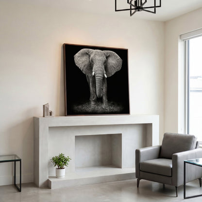African Elephant Canvas Print, Black and White in dark walnut floating frame