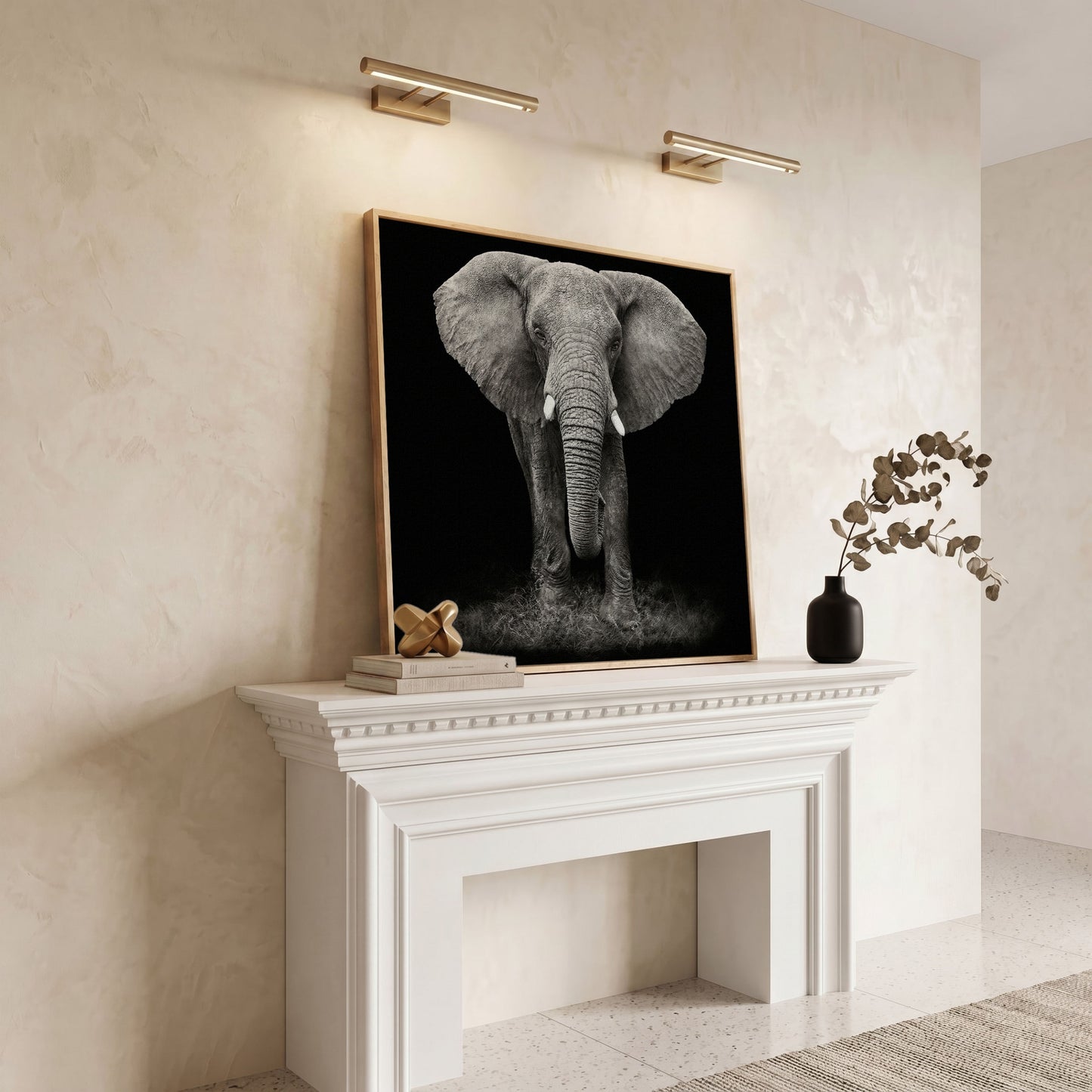 African Elephant Canvas Print, Black and White in white oak floating frame