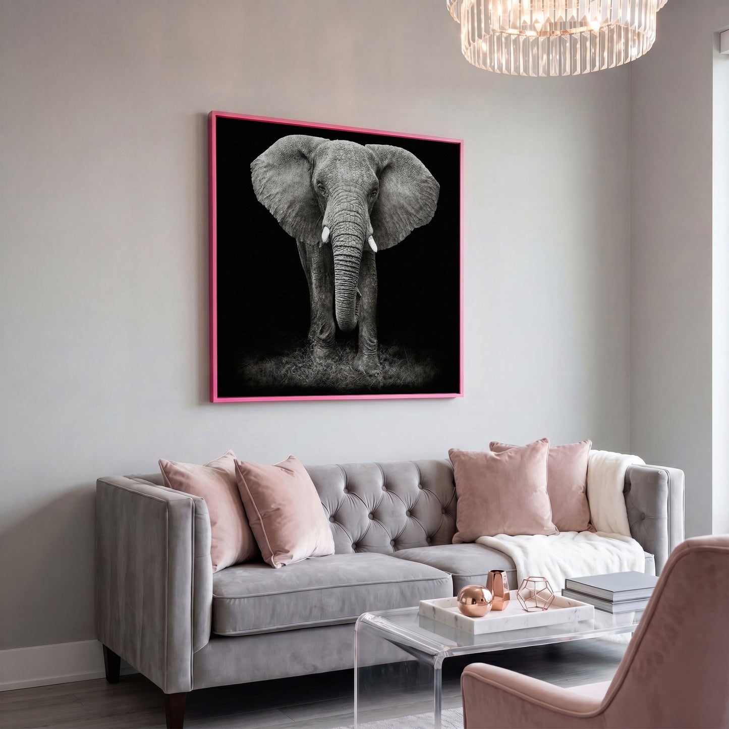 African Elephant Canvas Print, Black and White in pink floating frame