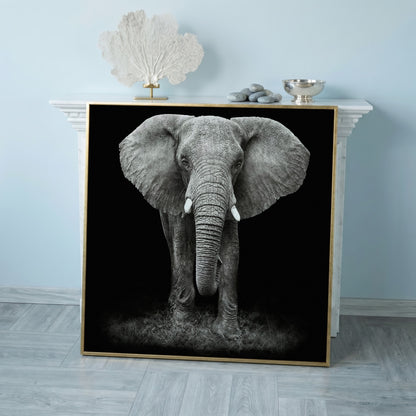 African Elephant Canvas Print, Black and White in rose gold floating frame