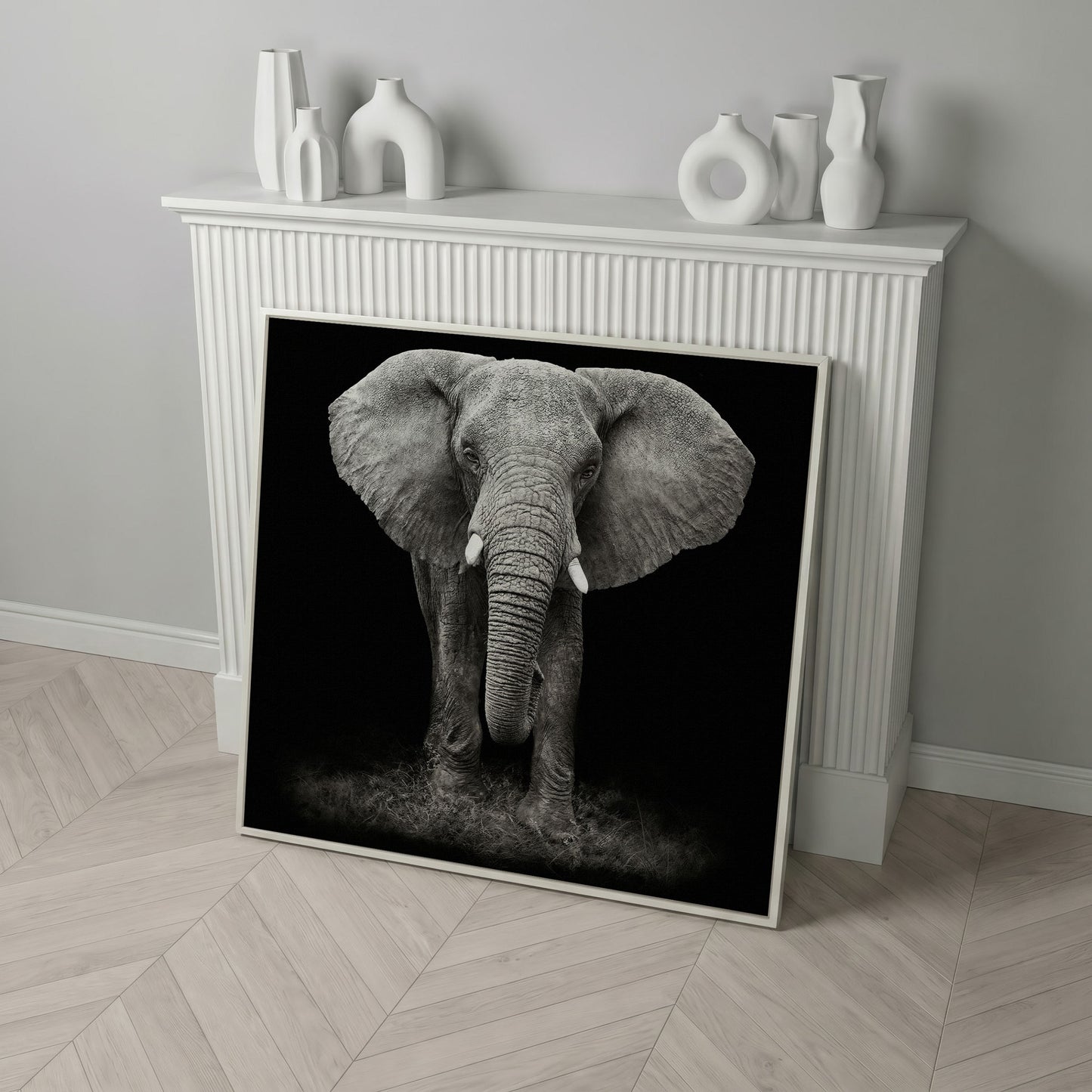African Elephant Canvas Print, Black and White in white floating frame