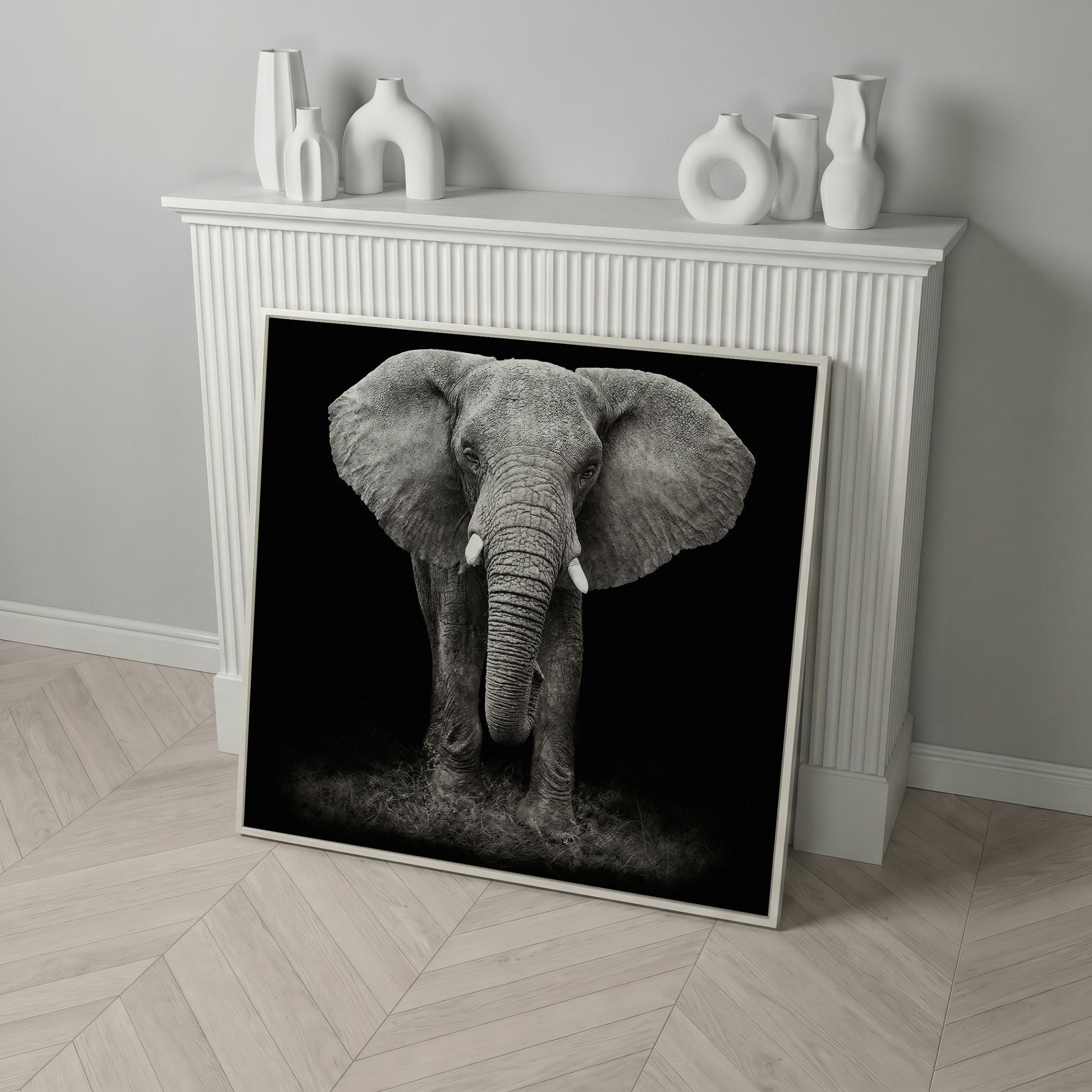 African Elephant Canvas Print, Black and White in white floating frame