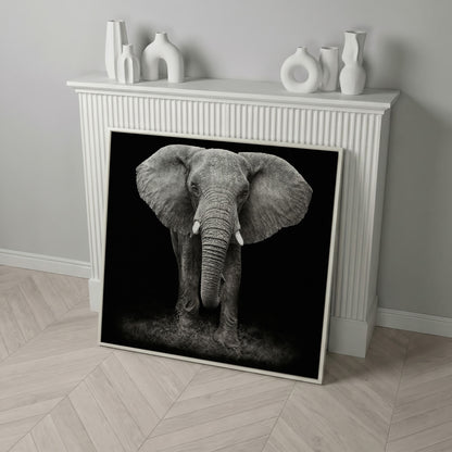 African Elephant Canvas Print, Black and White in white floating frame