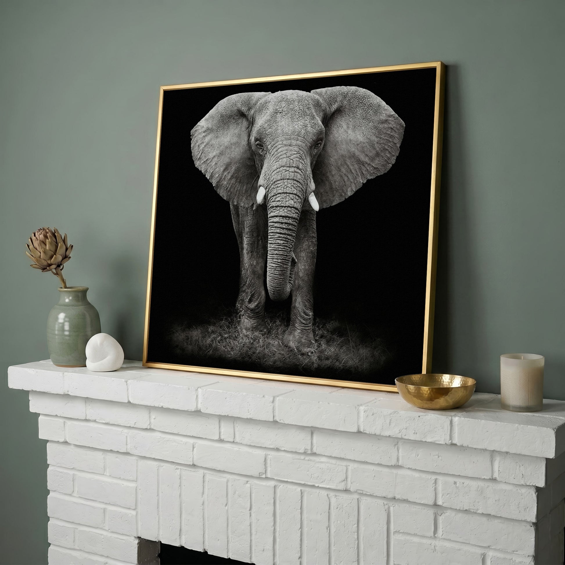 African Elephant Canvas Print, Black and White in yellow gold floating frame