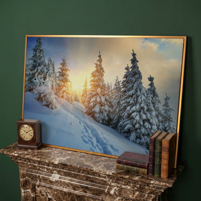 Snowy Forest and Carpathian Mountains Canvas Print in antique gold floating frame