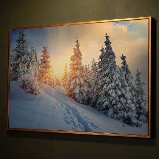 Snowy Forest and Carpathian Mountains Canvas Print shown in antique gold floating frame