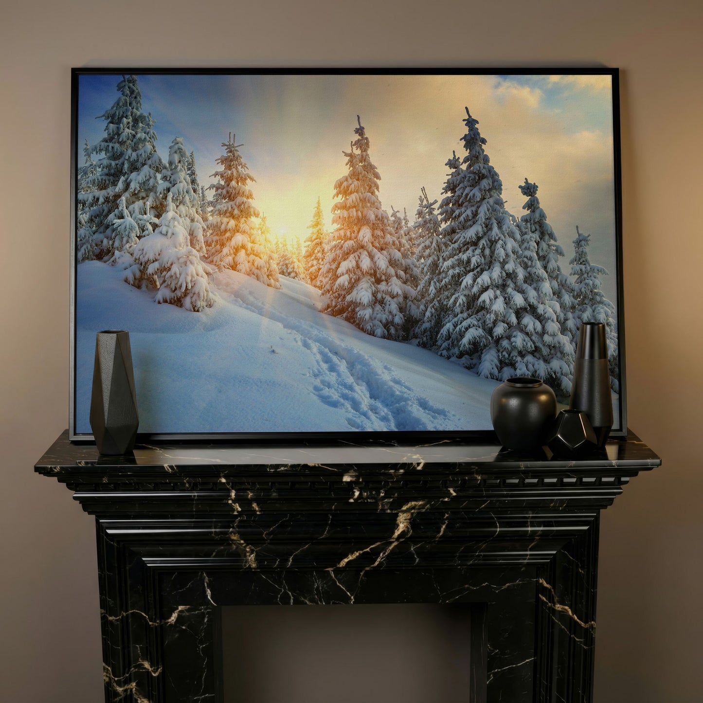 Snowy Forest and Carpathian Mountains Canvas Print in black floating frame