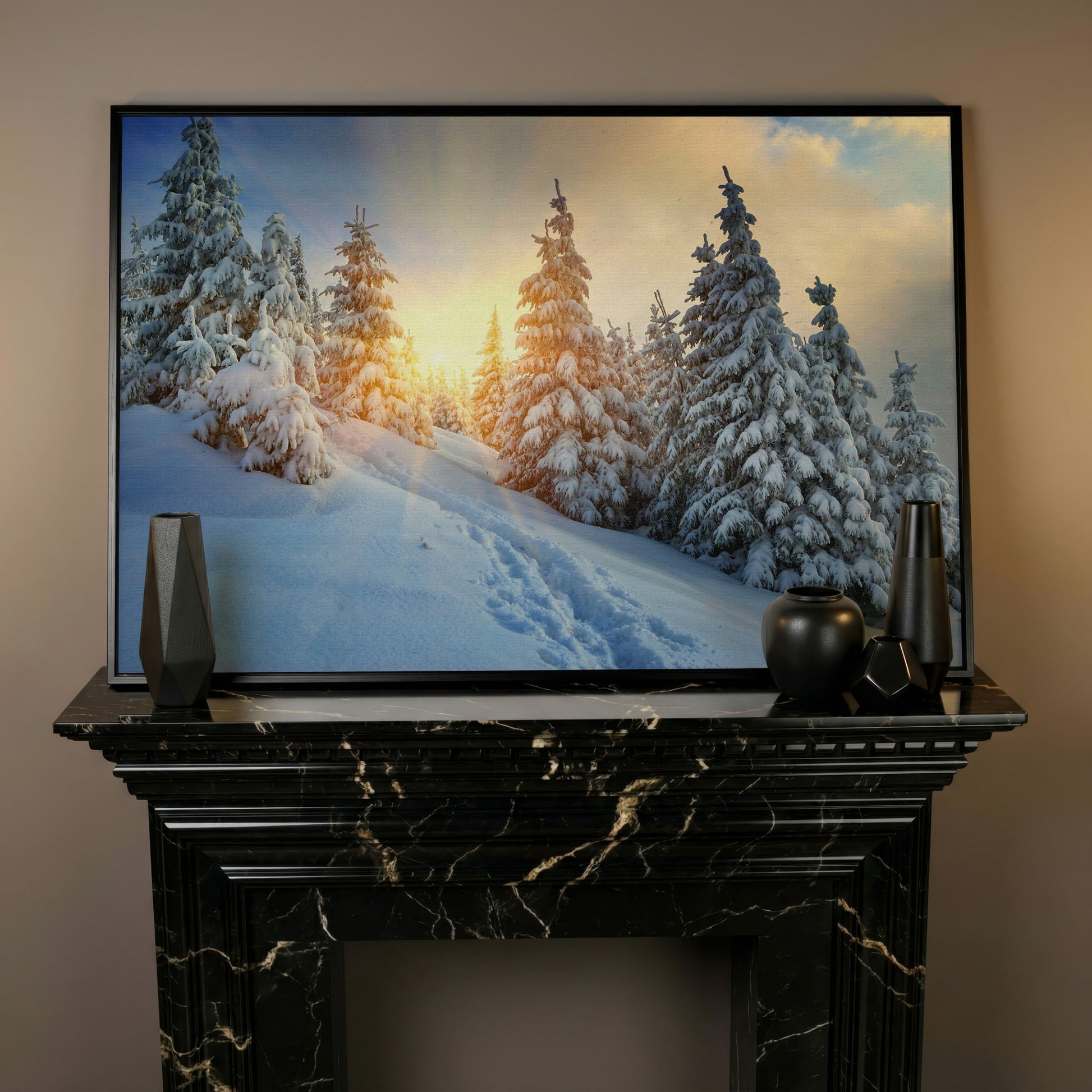 Snowy Forest and Carpathian Mountains Canvas Print in black floating frame