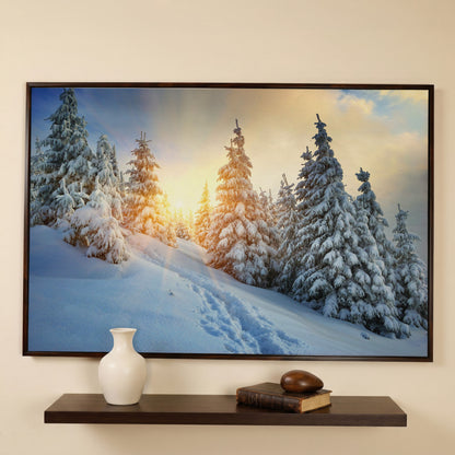 Snowy Forest and Carpathian Mountains Canvas Print in dark walnut floating frame