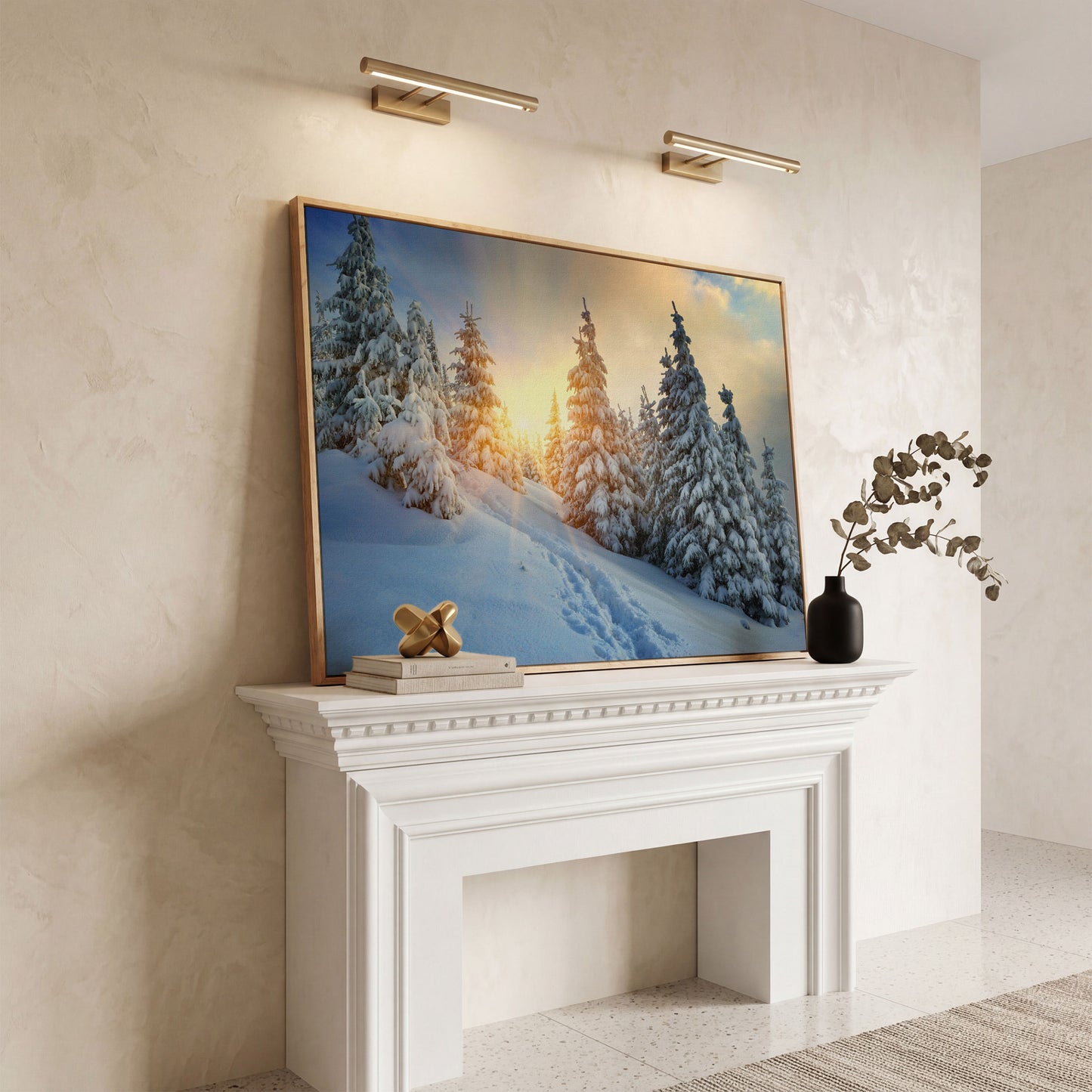Snowy Forest and Carpathian Mountains Canvas Print in white oak floating frame