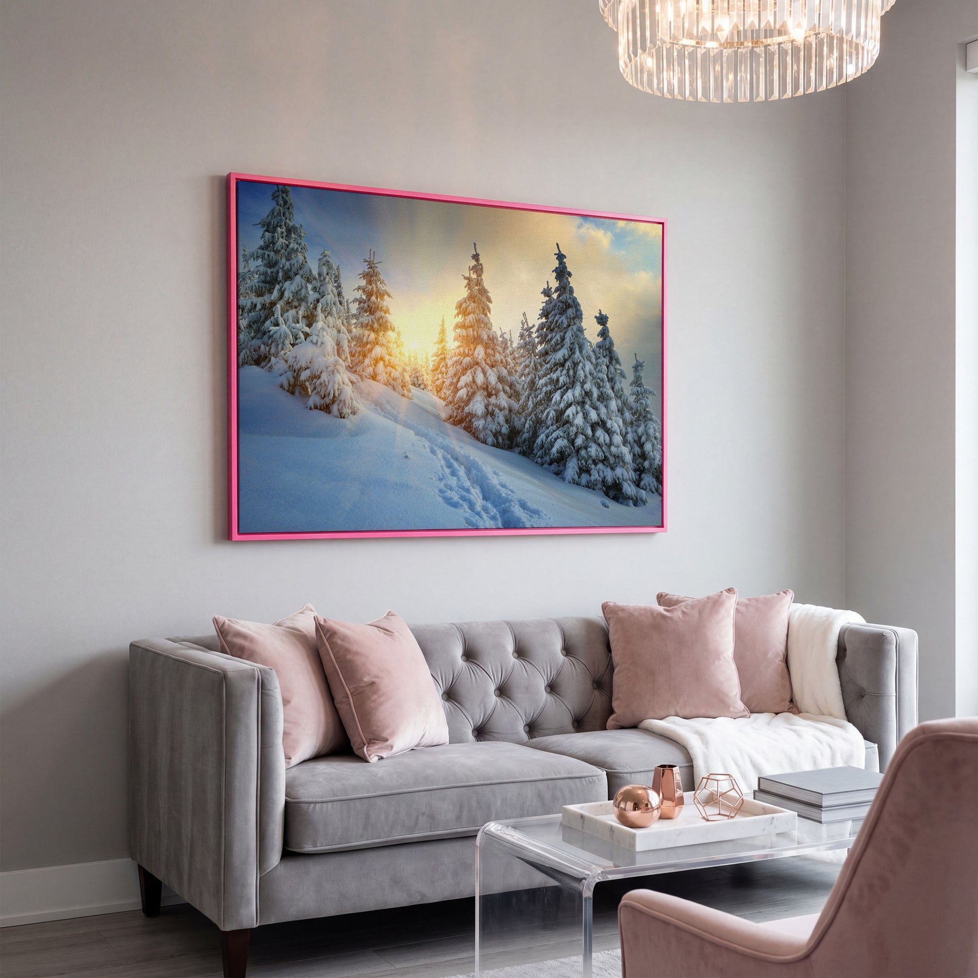 Snowy Forest and Carpathian Mountains Canvas Print in pink floating frame