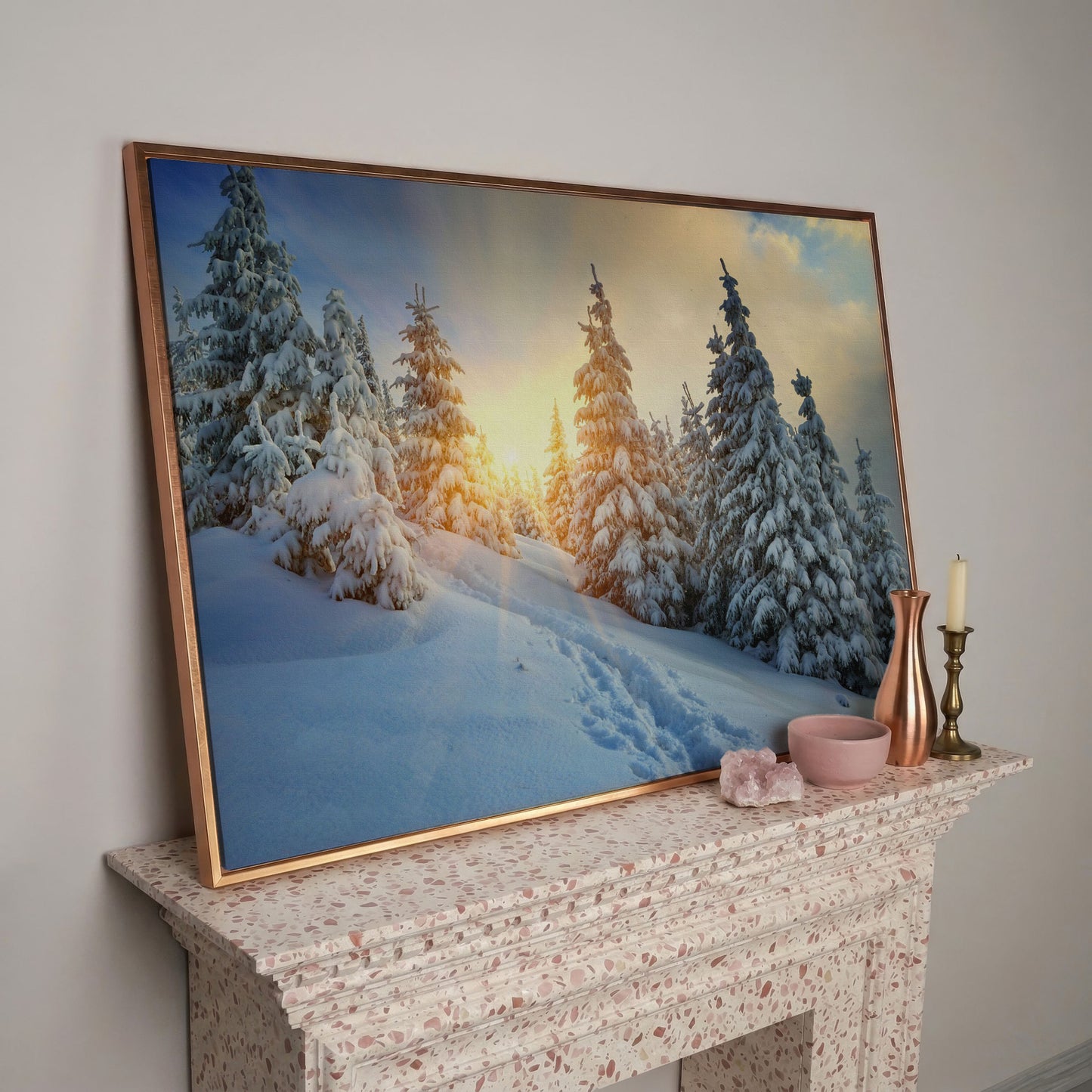 Snowy Forest and Carpathian Mountains Canvas Print in rose gold floating frame