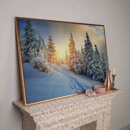 Snowy Forest and Carpathian Mountains Canvas Print in rose gold floating frame