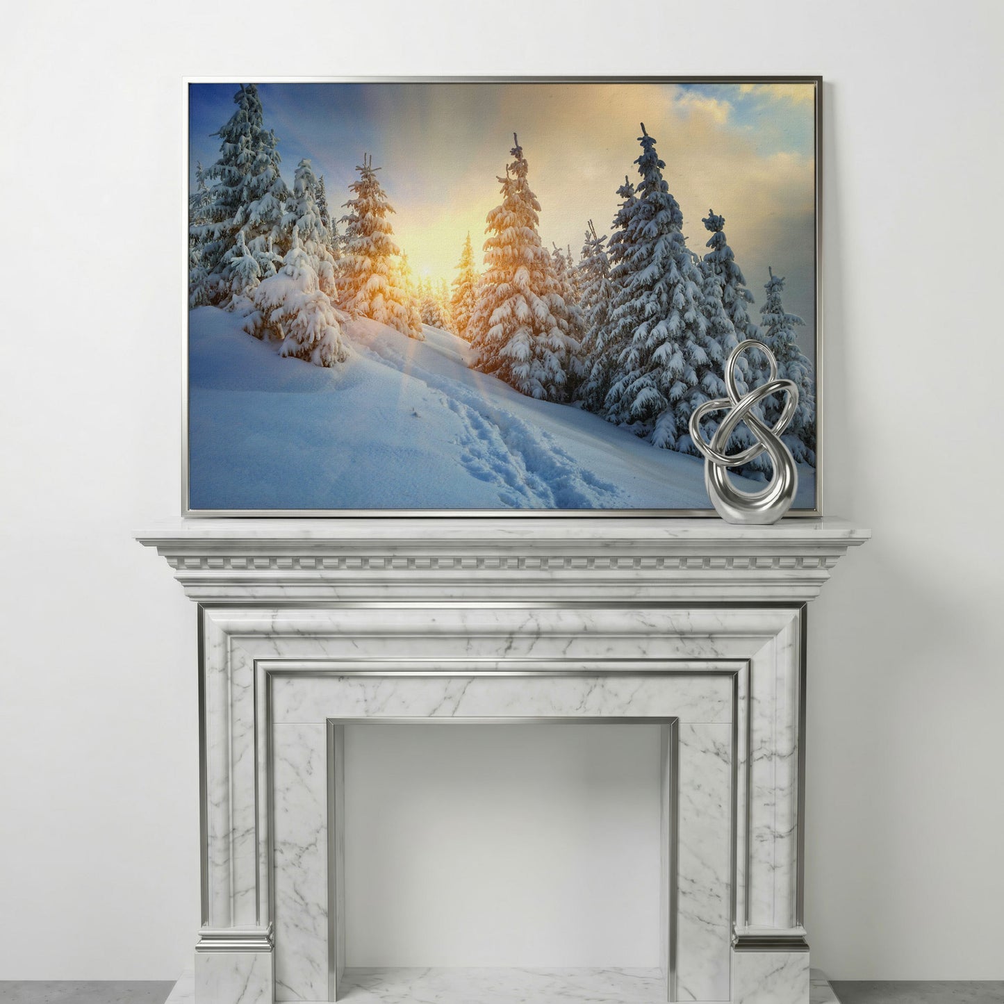 Snowy Forest and Carpathian Mountains Canvas Print in silver floating frame