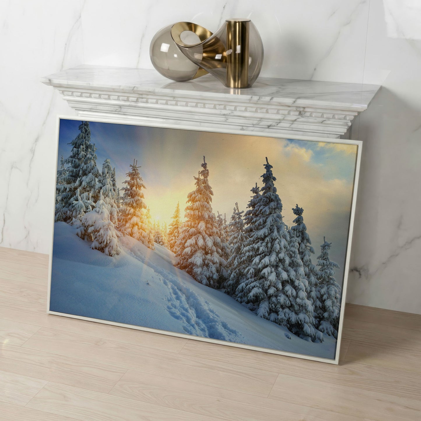 Snowy Forest and Carpathian Mountains Canvas Print in white floating frame