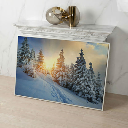Snowy Forest and Carpathian Mountains Canvas Print in white floating frame