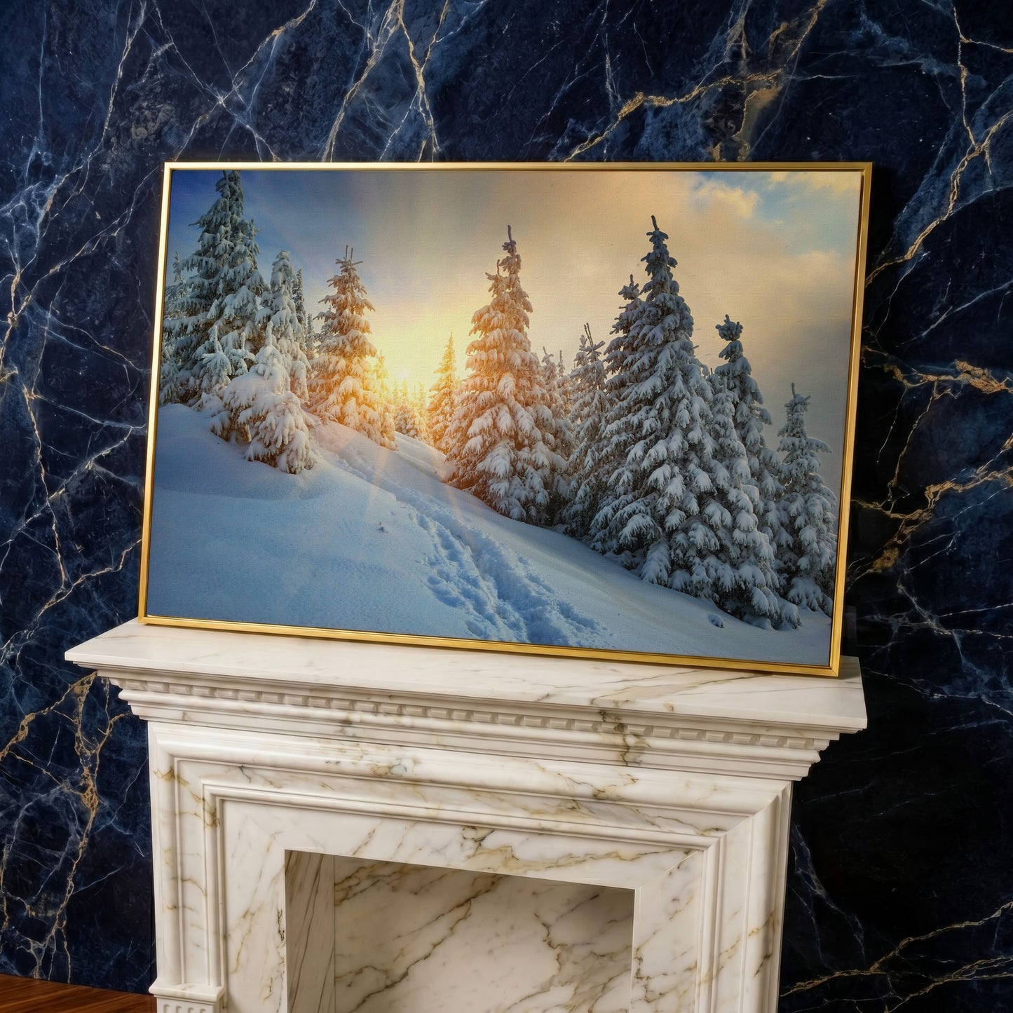 Snowy Forest and Carpathian Mountains Canvas Print in yellow gold floating frame