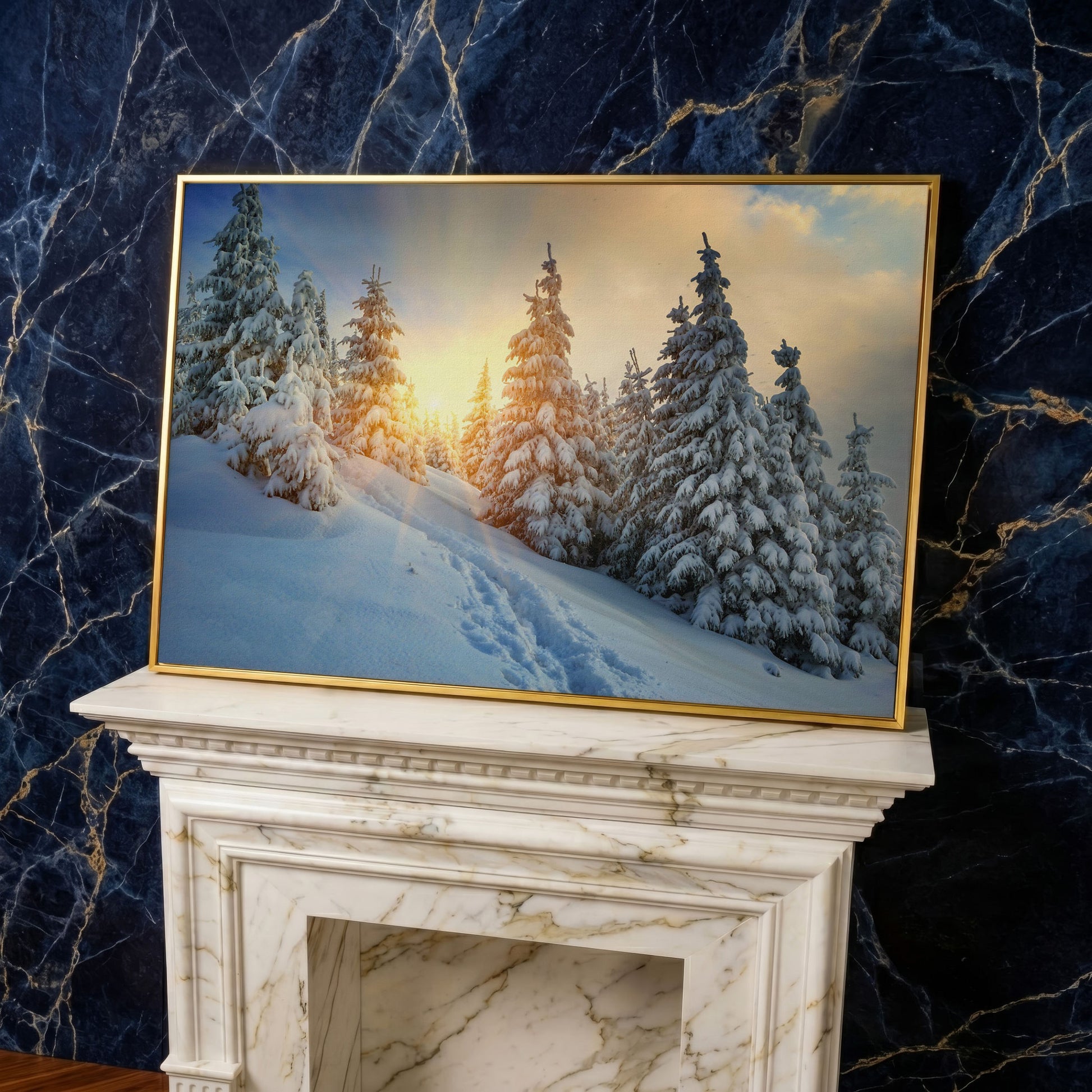 Snowy Forest and Carpathian Mountains Canvas Print in yellow gold floating frame