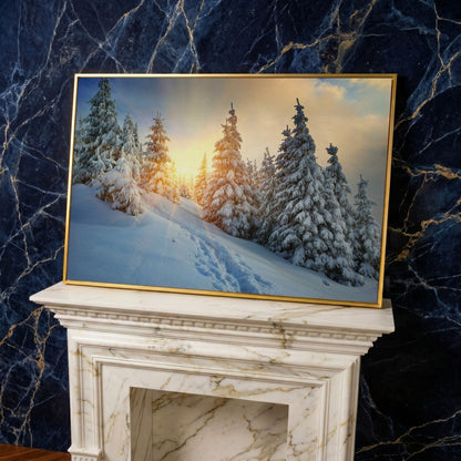 Snowy Forest and Carpathian Mountains Canvas Print in yellow gold floating frame