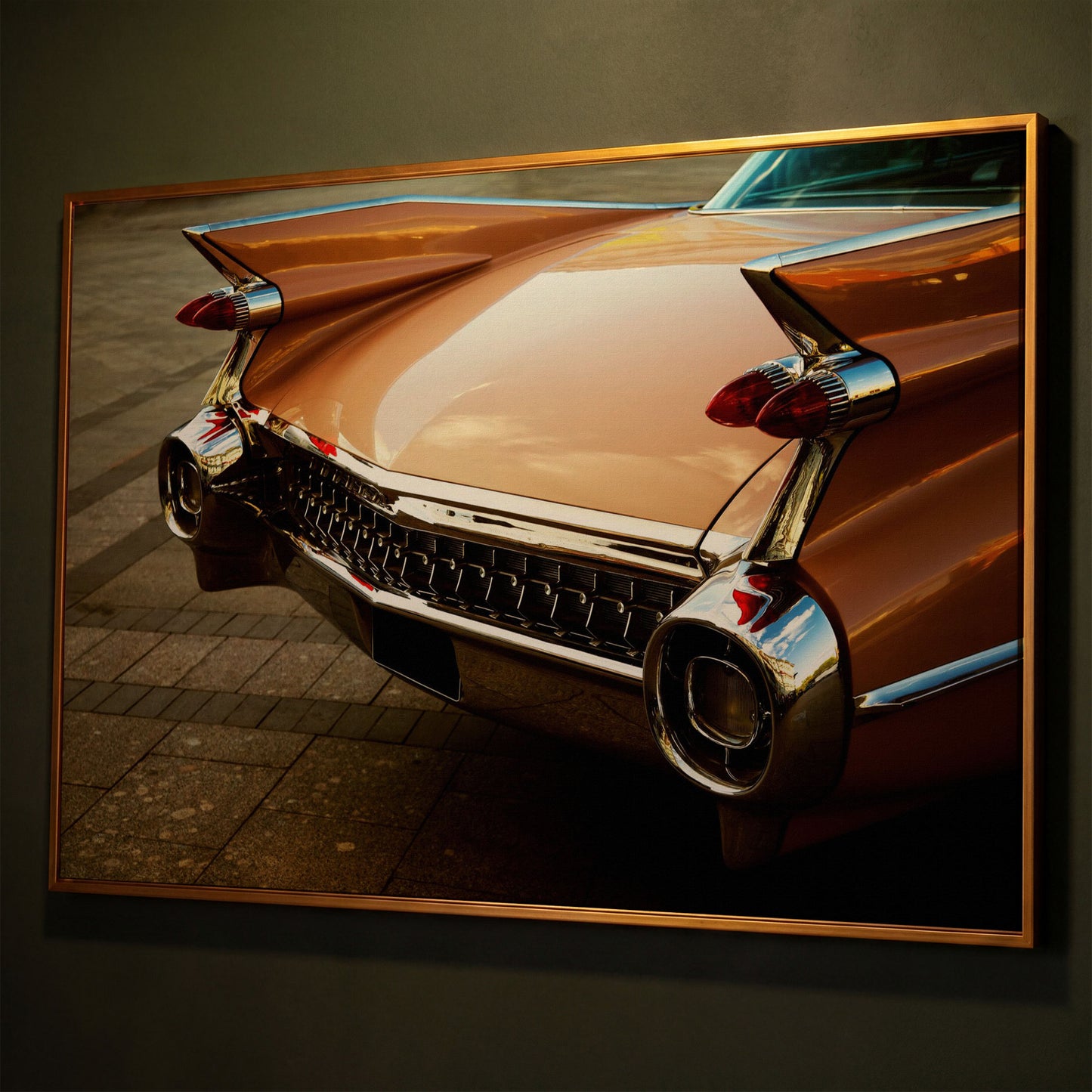 1959 Pink Cadillac Canvas shown in antique gold floating frame