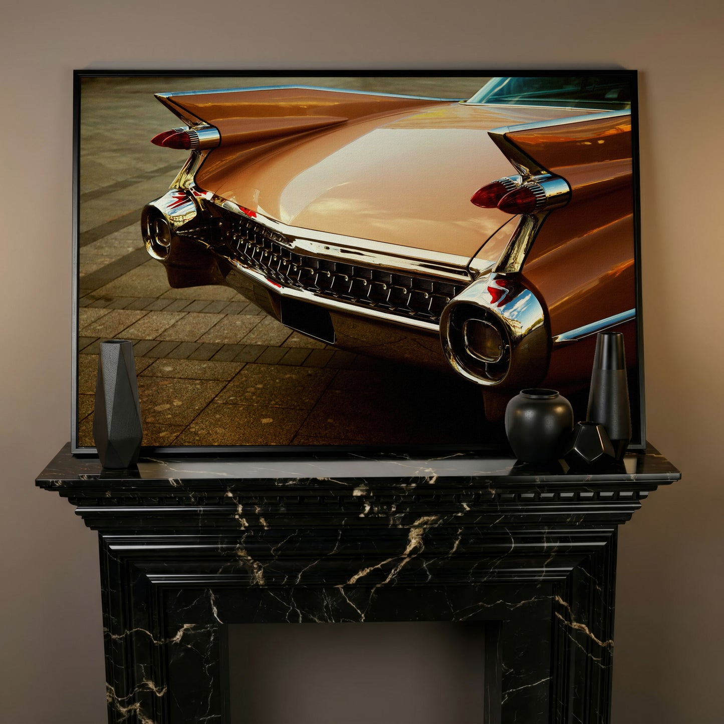 1959 Pink Cadillac Canvas in black floating frame