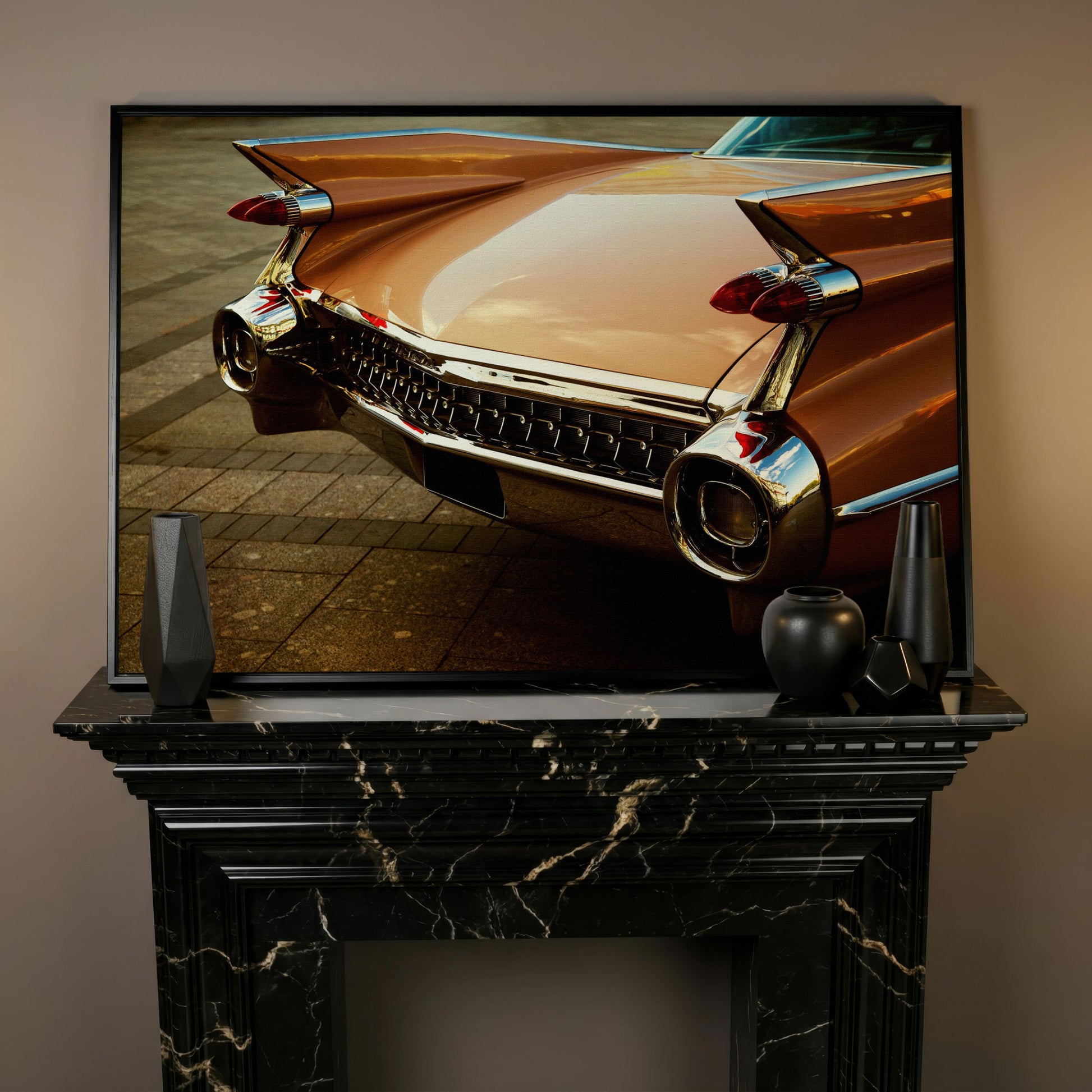 1959 Pink Cadillac Canvas in black floating frame