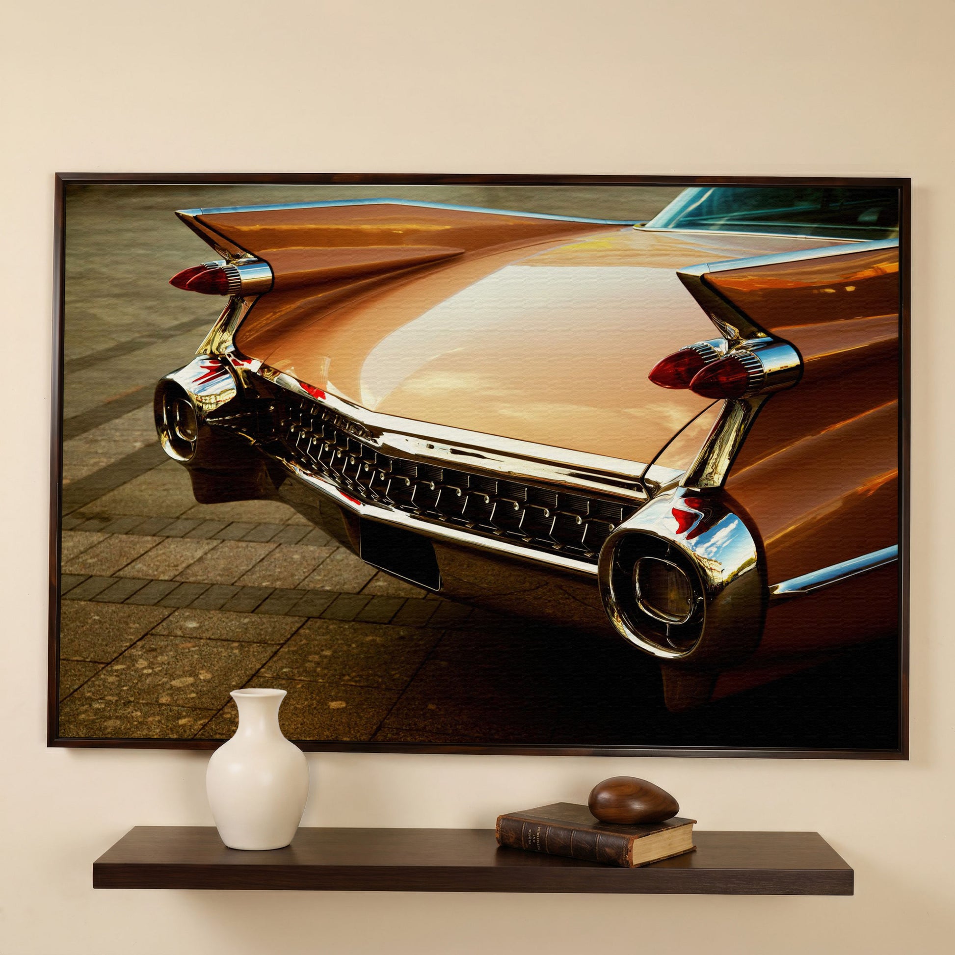 1959 Pink Cadillac Canvas in dark walnut floating frame