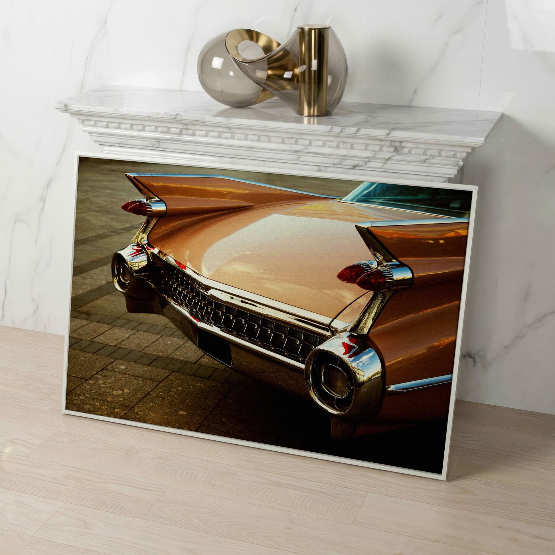 1959 Pink Cadillac Canvas in white floating frame