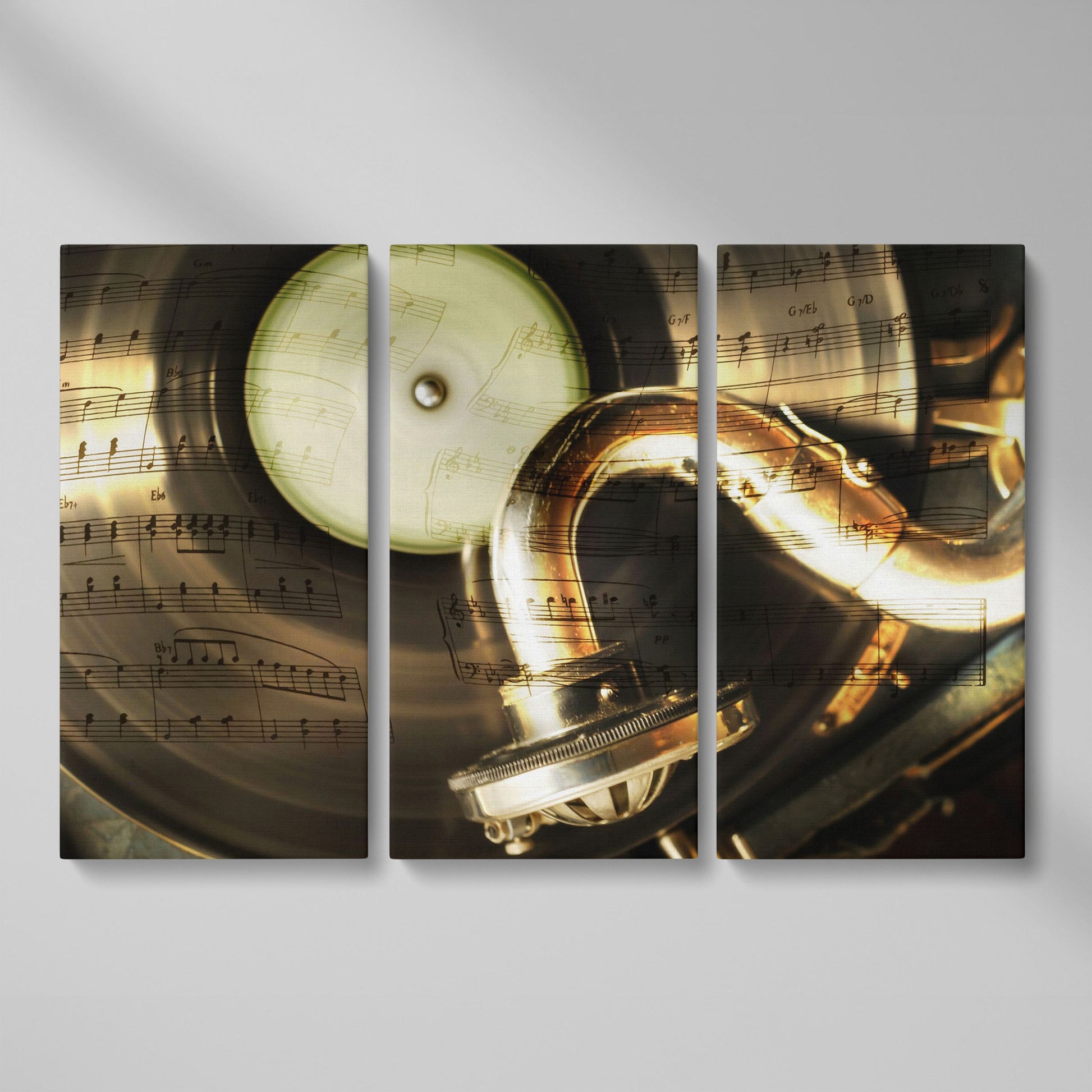 Retro Gramophone with Vinyl Record Canvas as 3-panel split version