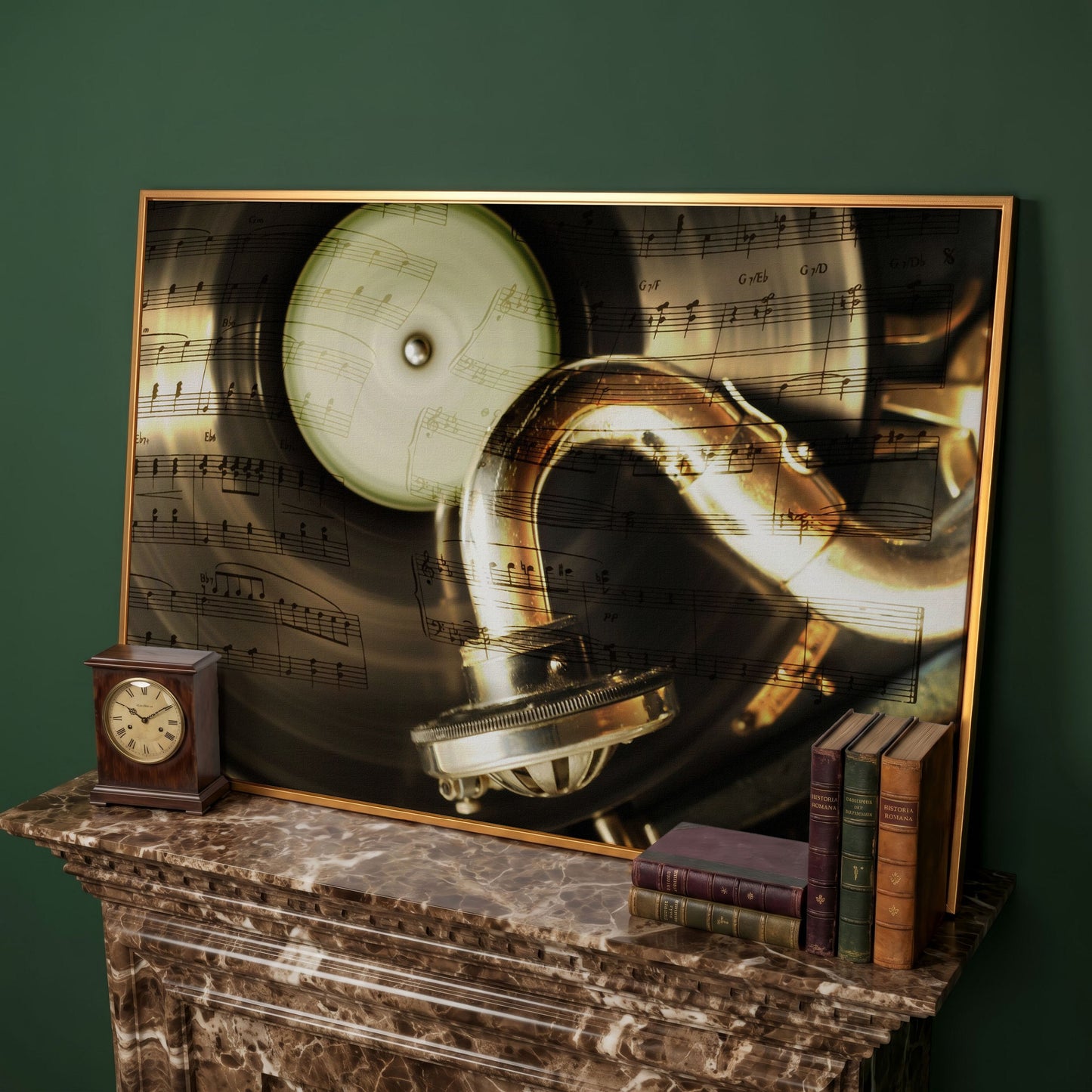 Retro Gramophone with Vinyl Record Canvas in antique gold floating frame
