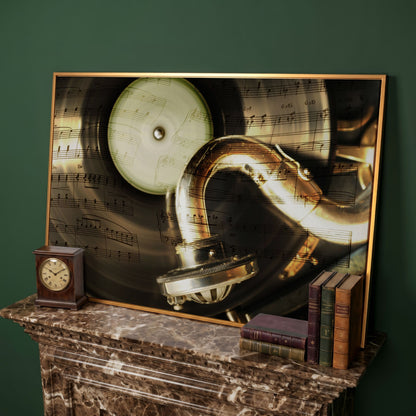 Retro Gramophone with Vinyl Record Canvas in antique gold floating frame