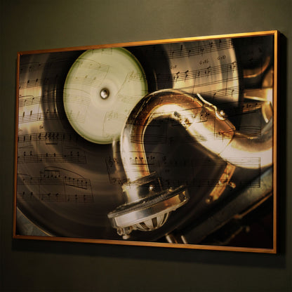 Retro Gramophone with Vinyl Record Canvas shown in antique gold floating frame