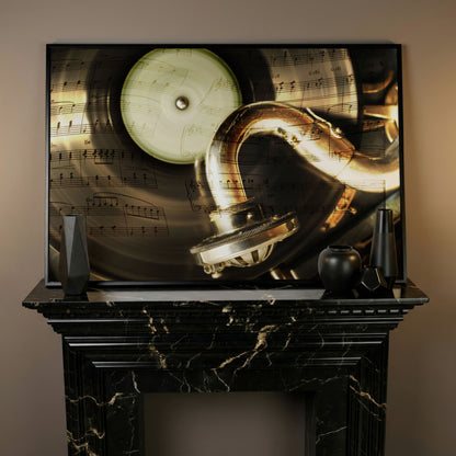 Retro Gramophone with Vinyl Record Canvas in black floating frame